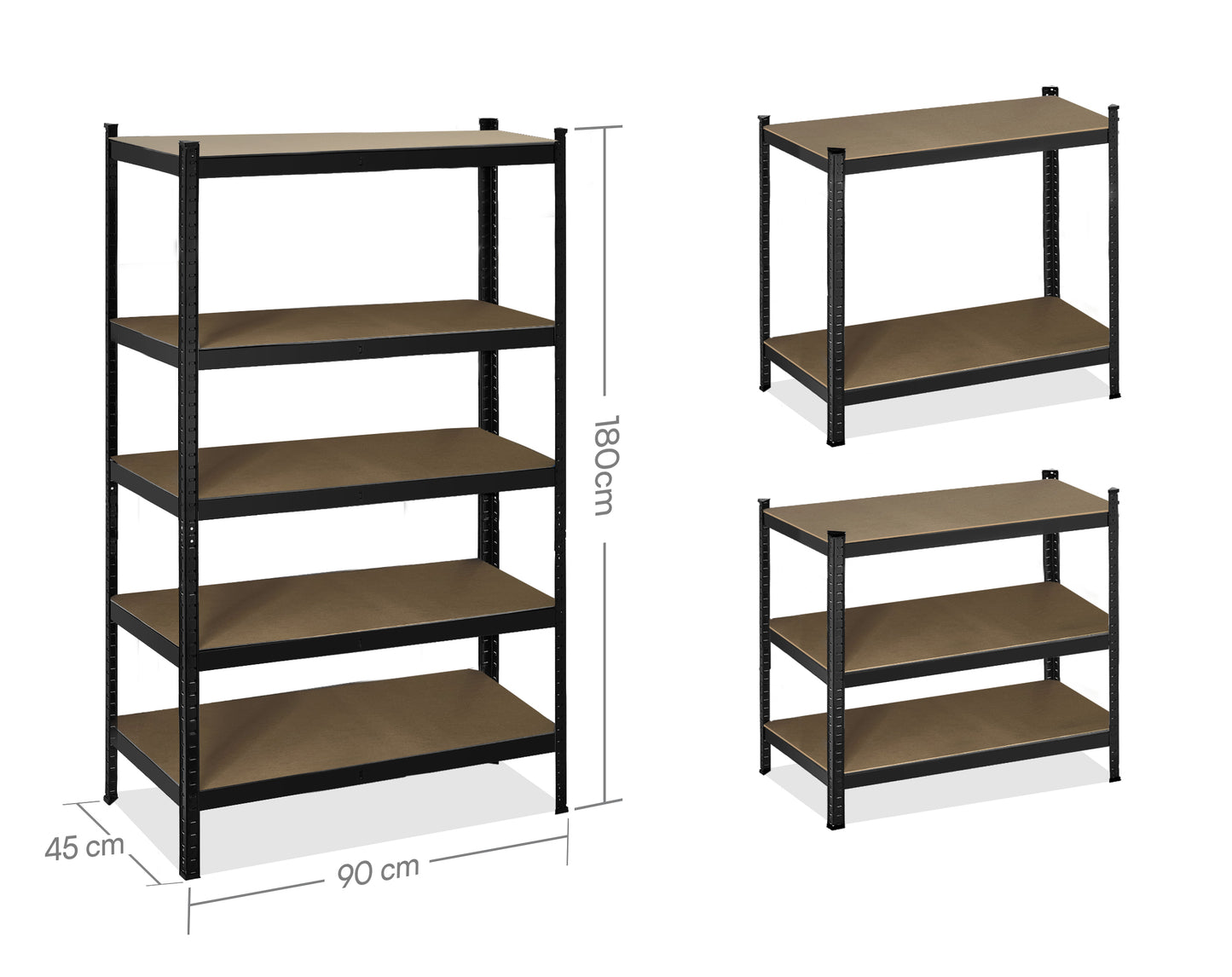 Set Tricolore - Scaffale di 5 Ripiani 180 x 90 x 45cm (Set di 3: Nero, Blu, Rosso)